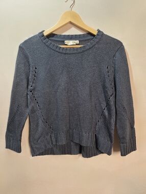 Deep Heathered Blue Open Knit Cropped High Low Sweater NWOT